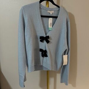 Design History Light Blue Cardigan with Black Bow Details